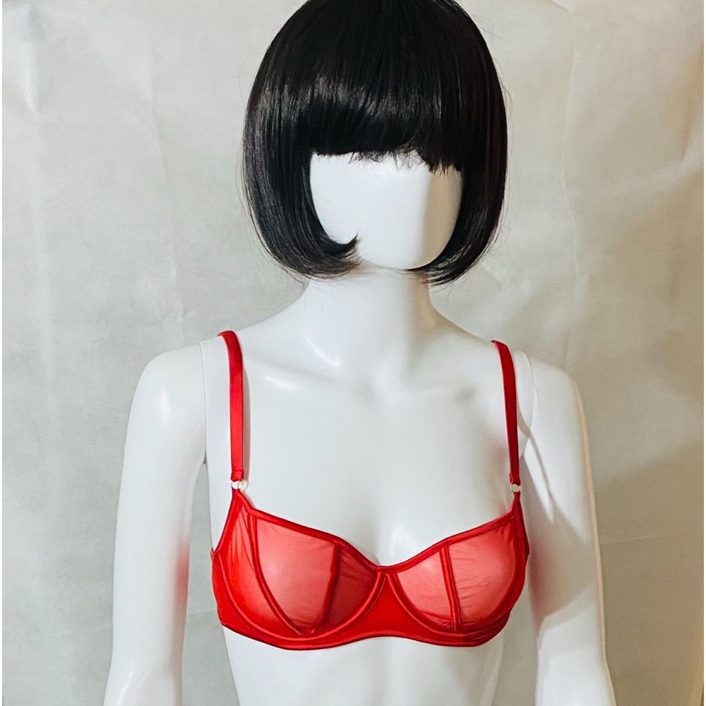 Marie Mur Ruby bra. Red Sheer mesh, with satin detail, & gold hardware. NWT